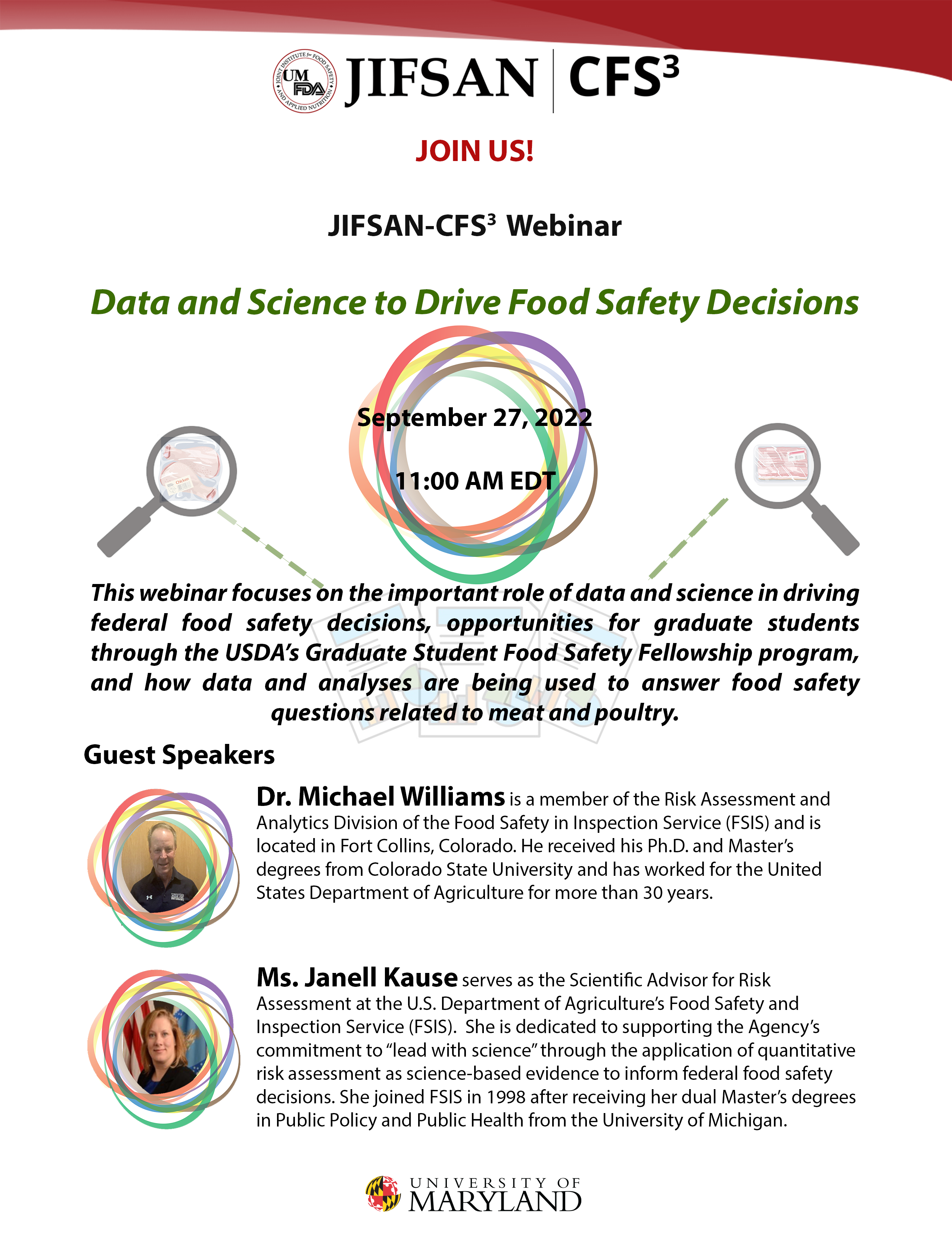JIFSAN-CFS3, University of Maryland, Webinar. Data amd Science to Drive Food Safety Decisions. September 27, 2022. 11:00 a.m. EDT