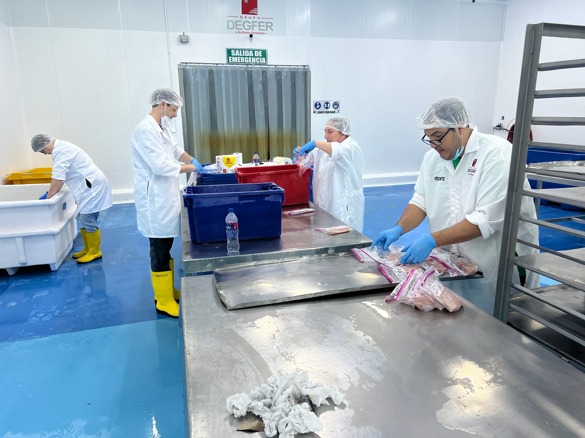 Personnel in lab coats and hair nets prepare bags of shrimp in a storage facility.