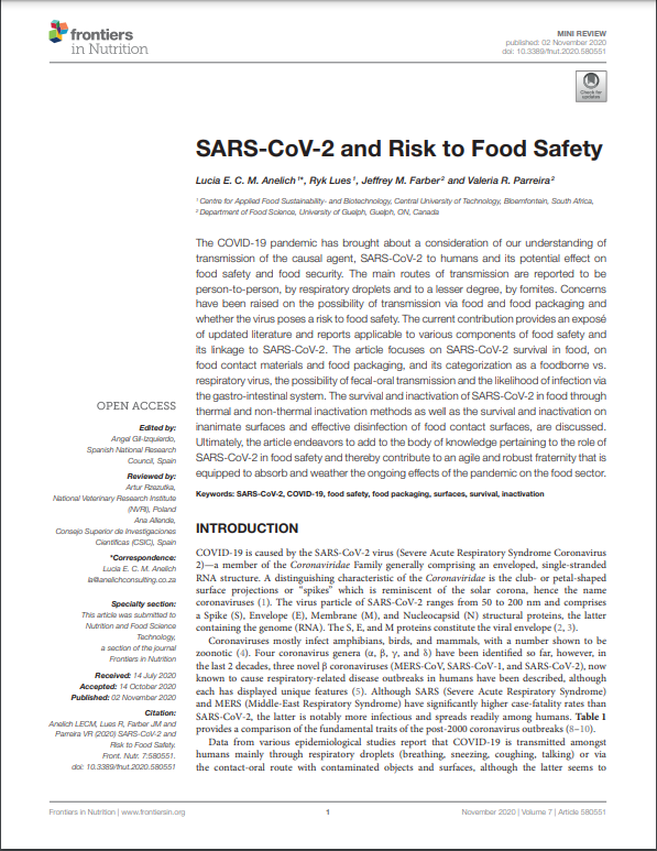 thumbnail for Newly Published Article "SARS-CoV-2 and Risk to Food Safety" now available in Frontiers in Nutrition Journal  